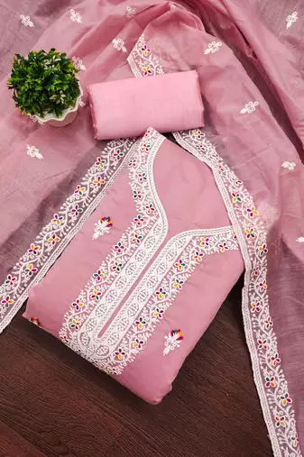 Women's baby pink multi thread embrodiered work cotton dress material
