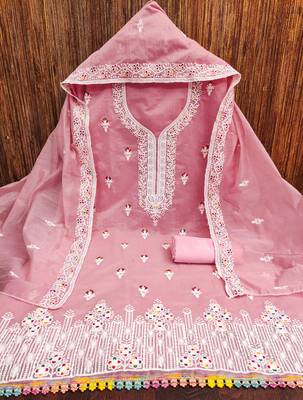 Women's baby pink multi thread embrodiered work cotton dress material 3