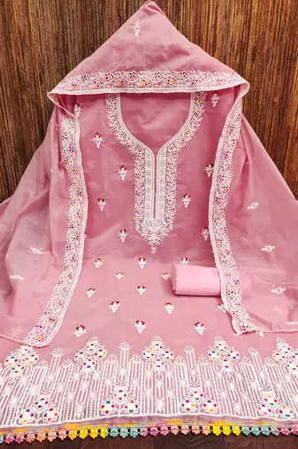 Women's baby pink multi thread embrodiered work cotton dress material