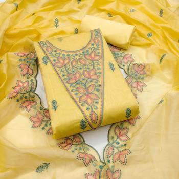 Women's yellow heavy multi thread embrodiery chanderi cotton dress material 1