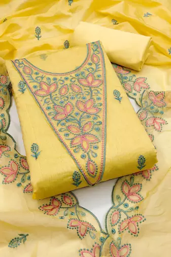 Women's yellow unstitched heavy multi thread embrodiery chanderi cotton dress material 