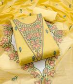 Women's yellow unstitched heavy multi thread embrodiery chanderi cotton dress material 