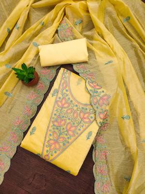 Women's yellow heavy multi thread embrodiery chanderi cotton dress material 2