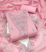 Women's pink unstitched heavy multi thread embrodiery chanderi cotton dress material 