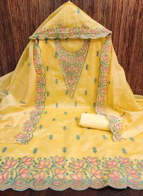 Women's yellow heavy multi thread embrodiery chanderi cotton dress material 3