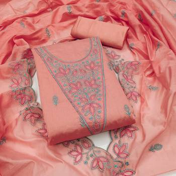 Women's peach heavy multi thread embrodiery chanderi cotton dress material 1