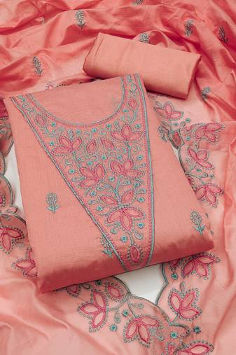 Women's peach unstitched heavy multi thread embrodiery chanderi cotton dress material 