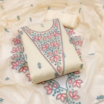 Women's cream heavy multi thread embrodiery chanderi cotton dress material 1
