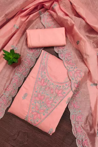 Women's peach heavy multi thread embrodiery chanderi cotton dress material
