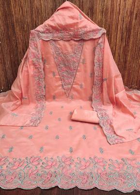 Women's peach heavy multi thread embrodiery chanderi cotton dress material 3