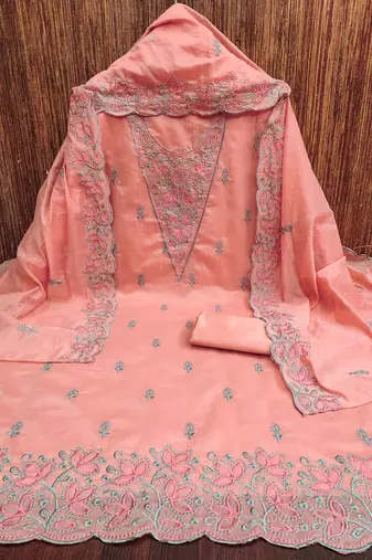 Women's peach heavy multi thread embrodiery chanderi cotton dress material