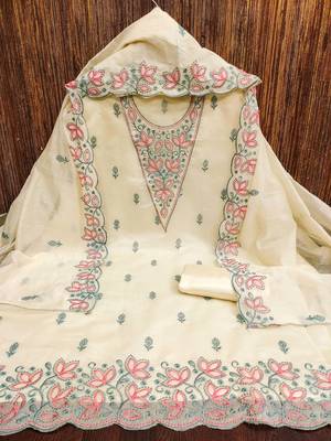 Women's cream heavy multi thread embrodiery chanderi cotton dress material 3