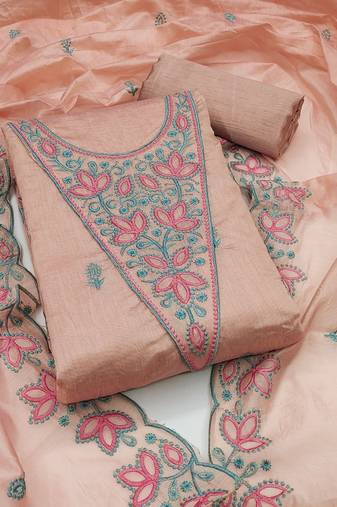 Women's beige unstitched heavy multi thread embrodiery chanderi cotton dress material 
