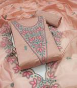 Women's beige unstitched heavy multi thread embrodiery chanderi cotton dress material 