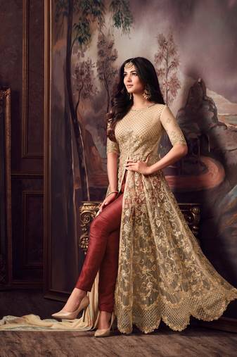 Beige And Brown Embroidered Net Semi Stitched Anarkali Pant Suit Up To 42" Size