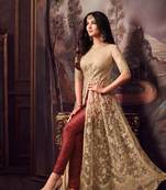 Beige And Brown Embroidered Net Semi Stitched Anarkali Pant Suit Up To 42" Size