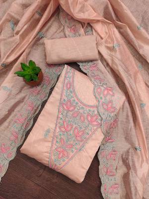 Women's beige heavy multi thread embrodiery chanderi cotton dress material 2