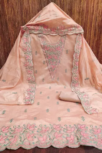 Women's beige heavy multi thread embrodiery chanderi cotton dress material