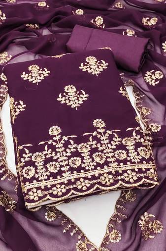 Women's wine unstitched heavy sequence zari embrodiery georgette dress material 