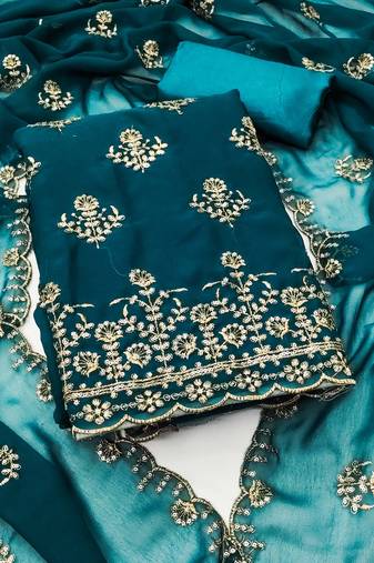 Women's teal blue unstitched heavy sequence zari embrodiery georgette dress material 