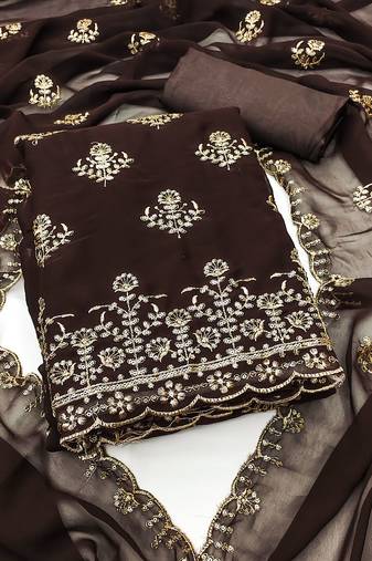 Women's brown unstitched heavy sequence zari embrodiery georgette dress material 