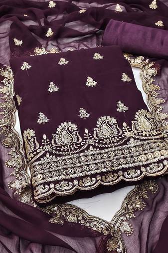 Women's wine unstitched heavy sequence zari embrodiery georgette dress material 