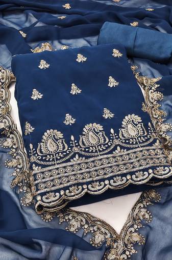 Women's teal blue unstitched heavy sequence zari embrodiery georgette dress material 