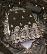 Women's olive green unstitched heavy sequence zari embrodiery georgette dress material 