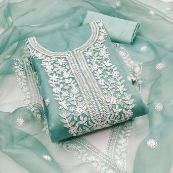 Women's sea green heavy thread embrodiery organza dress material 1