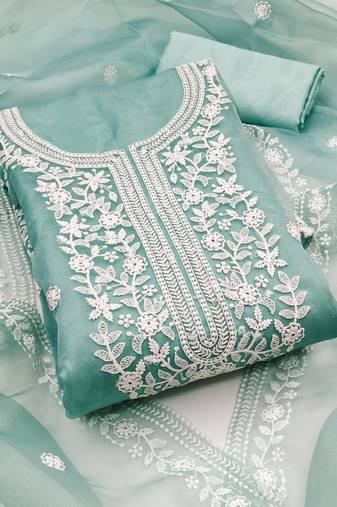 Women's sea green unstitched heavy thread embrodiery organza dress material 
