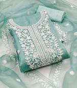 Women's sea green unstitched heavy thread embrodiery organza dress material 