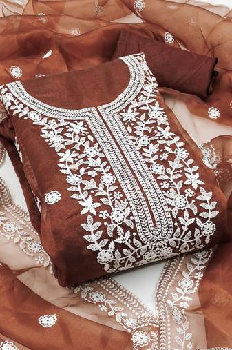 Women's rust unstitched heavy thread embrodiery organza dress material 