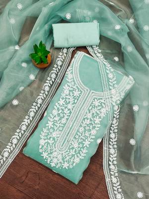 Women's sea green heavy thread embrodiery organza dress material 2