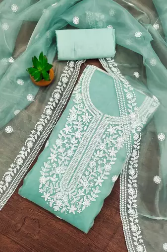 Women's sea green heavy thread embrodiery organza dress material