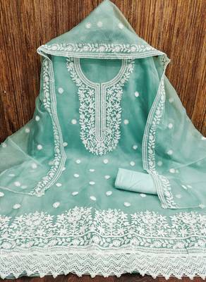 Women's sea green heavy thread embrodiery organza dress material 3