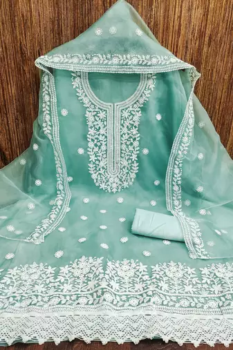 Women's sea green heavy thread embrodiery organza dress material