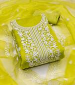 Women's light green unstitched heavy thread embrodiery organza dress material 