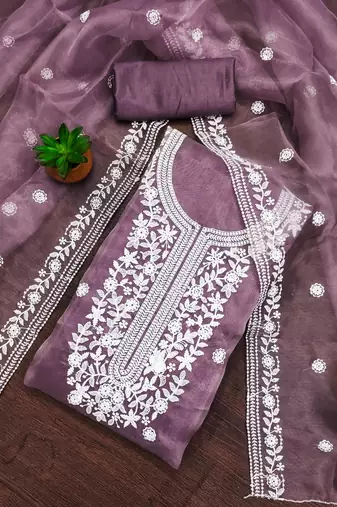 Women's levender heavy thread embrodiery organza dress material
