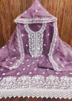 Women's levender heavy thread embrodiery organza dress material 3