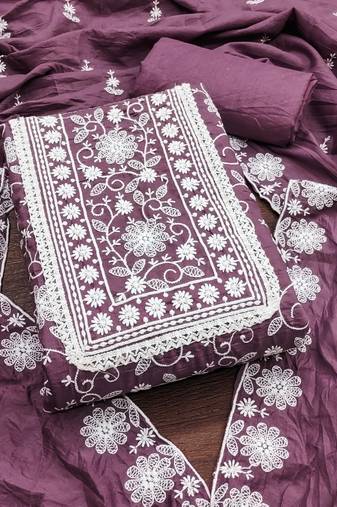 Women's purple unstitched heavy thread multi embroidery parampara silk dress material 