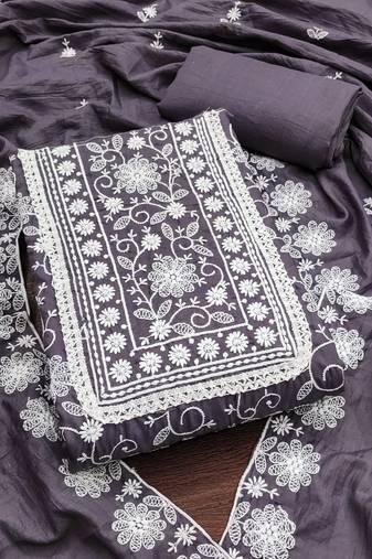 Women's grey unstitched heavy thread multi embroidery parampara silk dress material 