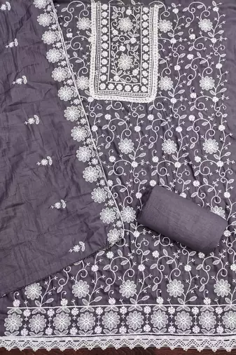Women's grey heavy thread multi embroidery parampara silk dress material
