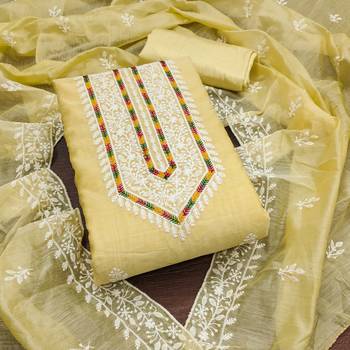 Women's yellow heavy thread multi embroidery modal cotton dress material 1