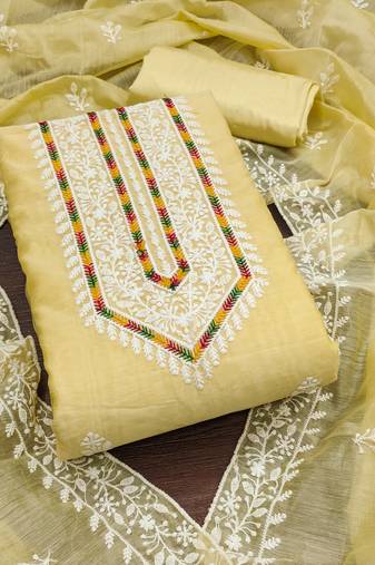 Women's yellow unstitched heavy thread multi embroidery modal cotton dress material 