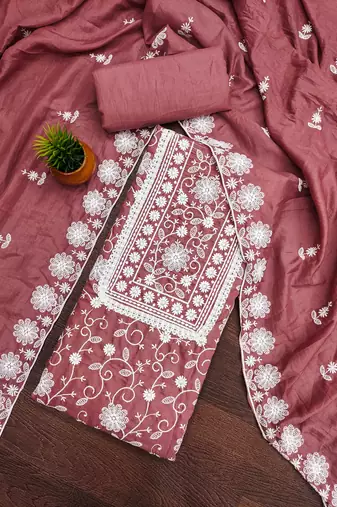 Women's levender heavy thread multi embroidery parampara silk dress material
