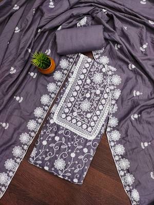 Women's grey heavy thread multi embroidery parampara silk dress material 3