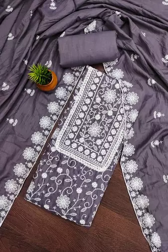 Women's grey heavy thread multi embroidery parampara silk dress material
