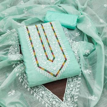 Women's sea green heavy thread multi embroidery modal cotton dress material 1