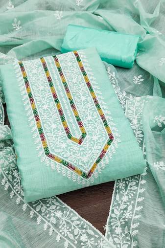 Women's sea green unstitched heavy thread multi embroidery modal cotton dress material 