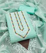 Women's sea green unstitched heavy thread multi embroidery modal cotton dress material 